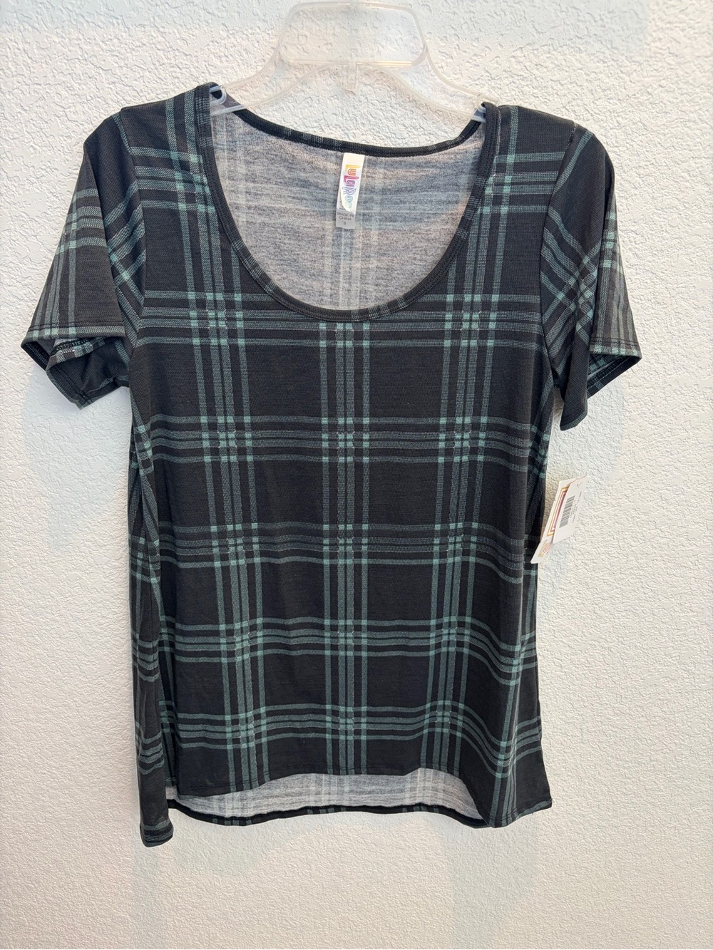 LuLaRoe Classic Tee: Black Top with Teal Plaid